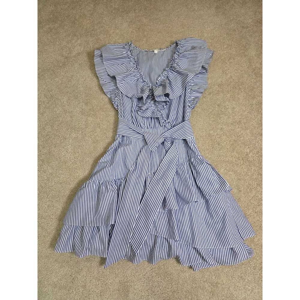 Veronica Beard Blue White Striped Ruffle Mini Dress Cotton Tiered Small